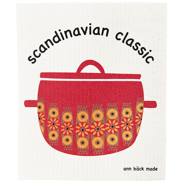 Printed dishcloth wit a red finnishretro pot from the seventies. a classic. Screen printed with water based and environmentally friendly ink. The dishcloth can be boiled and are washable up to 90 degrees C in both dishwasher and washing machine. No softer. 70% cellulose from FCS forest and 30% waste cotton.