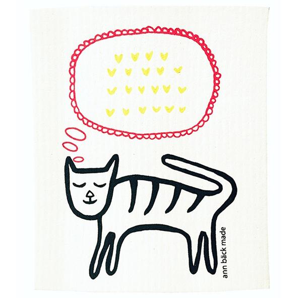 Printed dishcloth with a cat and hearts.Screen printed with water based and environmentally friendly ink. The dishcloth can be boiled and are washable up to 90 degrees C in both dishwasher and washing machine. No softer. 70% cellulose from FCS forest and 30% waste cotton. 