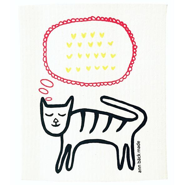 Printed dishcloth with a cat and hearts.Screen printed with water based and environmentally friendly ink. The dishcloth can be boiled and are washable up to 90 degrees C in both dishwasher and washing machine. No softer. 70% cellulose from FCS forest and 30% waste cotton.