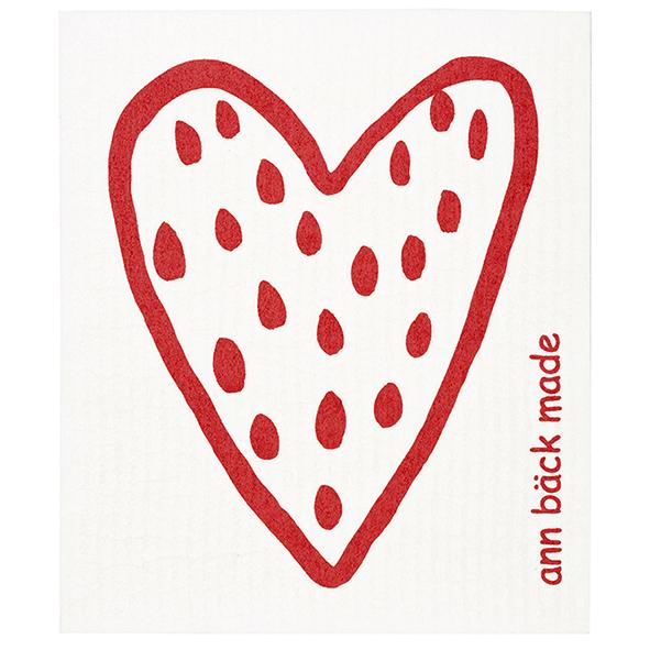 Printed dishcloth with a big heart in red. Screen printed with water based and environmentally friendly ink. The dishcloth can be boiled and are washable up to 90 degrees C in both dishwasher and washing machine. No softer. 70% cellulose from FCS forest and 30% waste cotton.