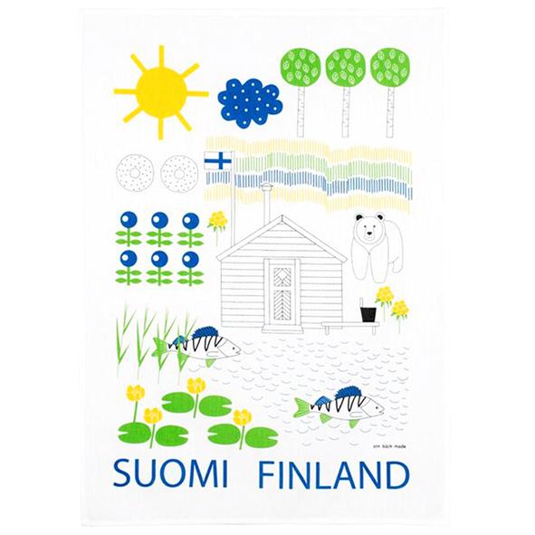 Suomi Finland printed kitchen towel. In the print a bear, sauna, rye bread, the Finnish Flag, blueberries, birch trees, the nordic light and fish. 50% linen 50% cotton size 50x70 cm