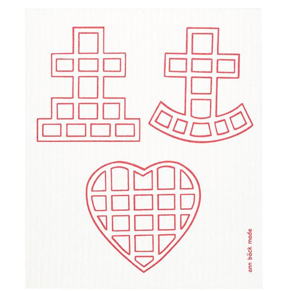 Printed dishcloth with love, faith and hope in red. Screen printed with water based and environmentally friendly ink. The dishcloth can be boiled and are washable up to 90 degrees C in both dishwasher and washing machine. No softer. 70% cellulose from FCS forest and 30% waste cotton.