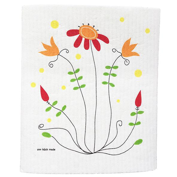 Printed dishcloths with flowers in red and orange. Screen printed with water based and environmentally friendly ink. The dishcloth can be boiled and are washable up to 90 degrees C in both dishwasher and washing machine. No softer. 70% cellulose from FCS forest and 30% waste cotton.